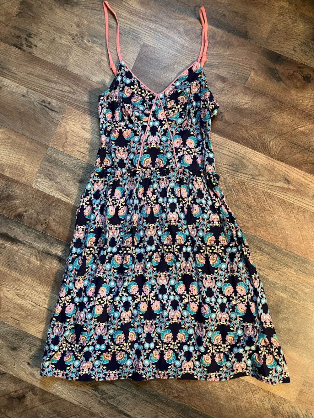 Navy Floral Mini Dress with Coral Straps and Pockets by Xhilleration